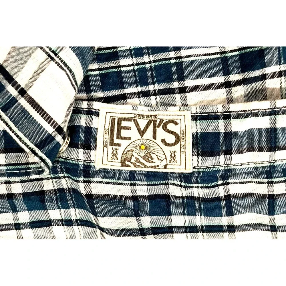 Levi's Shirt Mens XL Western Pearl Snap Blue Plaid Long Sleeve‎ Cotton Cowboy